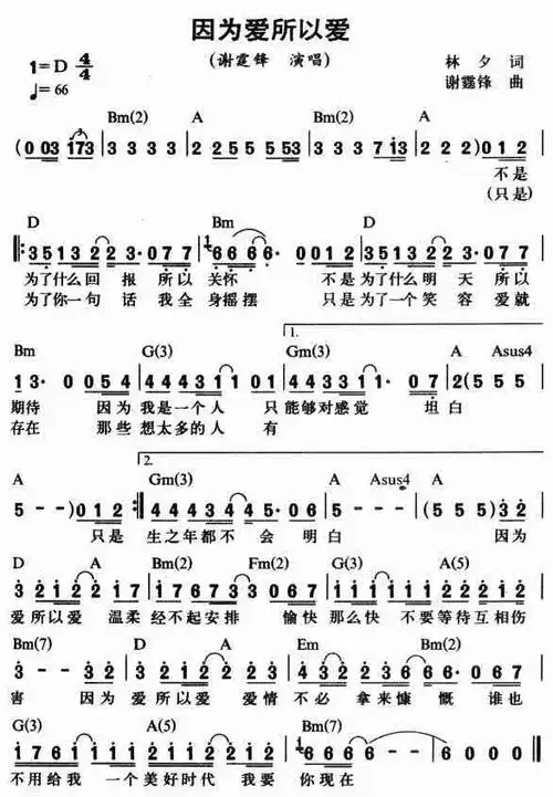 因为爱所以爱_简谱_歌谱_曲谱_吉他谱_五线谱