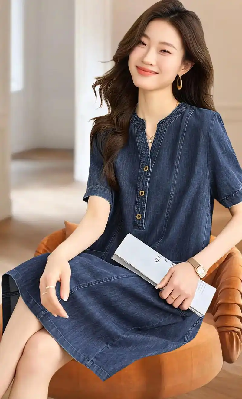 新款高级感妈妈宽松显瘦休闲薄款牛仔连衣裙