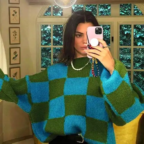 ins欧美风2021秋冬新款女装时尚圆领长袖撞色针织衫宽松毛衣女