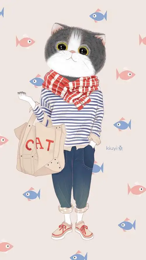 猫咪小姐可爱清新治愈动物服装时尚治愈手绘插画壁纸封面日系水彩手绘