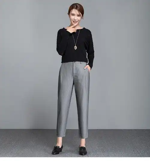 春四季秋季新款高腰女裤灰色条纹女西装裤宽松显瘦大码九分哈伦裤-t