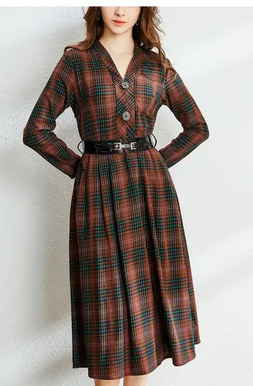 恒源祥春季新款连衣裙女复古英伦风格子裙收腰中长裙子送腰带