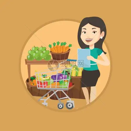 使用购物清单在超市采购的女青年卡通矢量插画