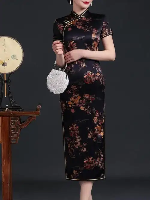 贵夫人杭州丝绸仿真丝连衣裙醋酸缎面妈妈旗袍香云纱高端品牌女装