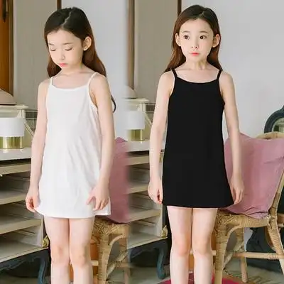 夏款女童吊带内衣裙纯棉白色黑色中长款儿童打底背心宝宝中大童装