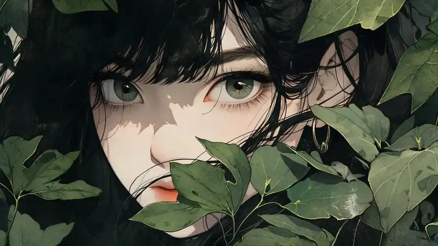 动漫女孩绿叶壁纸,免费下载好看电脑壁纸