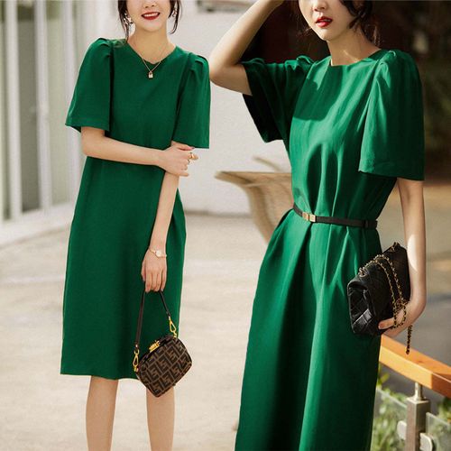 绿色纯色雪纺连衣裙图片