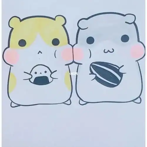 两只吃食的可爱的仓鼠之手绘