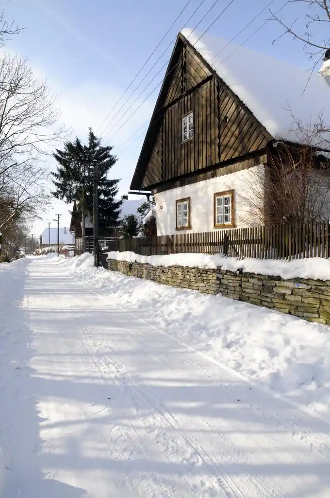 在村庄的小屋,在村庄在冬天多雪小屋