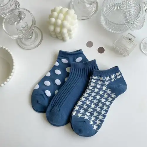 蓝色袜子女短袜ins浅口船韩国百搭日系女生复古短袜
