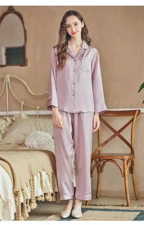 商场同款美标新款女长袖真丝睡衣套装春秋19姆米重磅桑蚕丝绸家居服冬