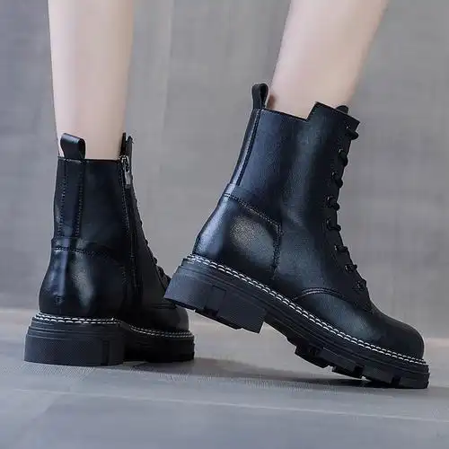 新款加绒厚底真皮牛皮马丁靴女韩版系带女靴子休闲女学生鞋子女