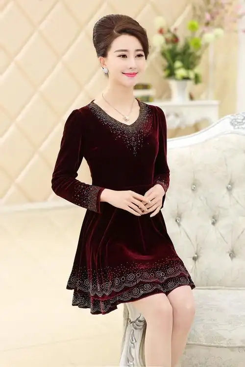 2015春装时尚女装烫钻金 连衣裙丝绒中老年妈妈装长袖修身打底裙