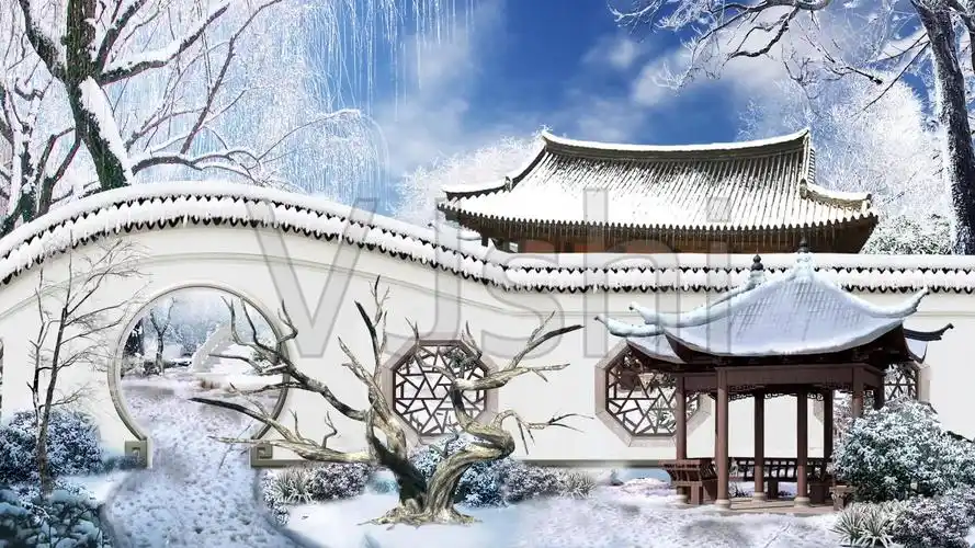 御花园下雪凉亭戏曲粤剧舞台演出背景