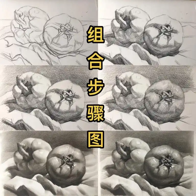 素描西红柿和黄辣椒步骤图.#海豚知道 #素描静物 #组合素描 - 抖音