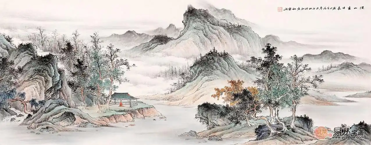 仿古装饰画 李佩锦新品六尺横幅山水画《溪山春日长》 (正在【易从网