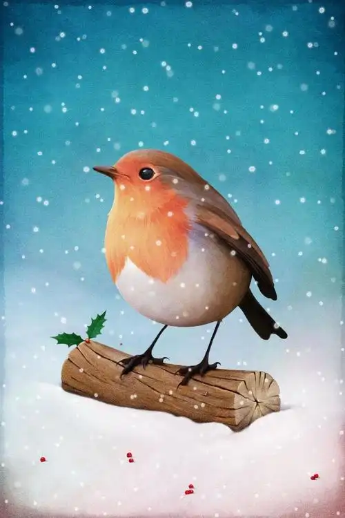 雪地树枝上的卡通小鸟