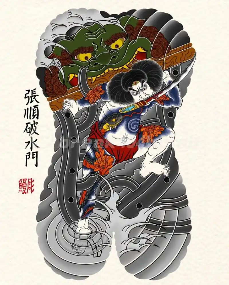 满背张顺破水门|满背老传统纹身手稿 张顺.