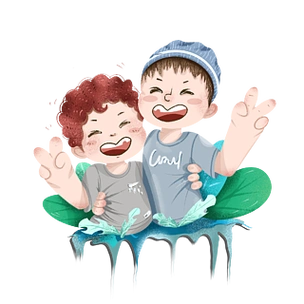 卡通可爱的男孩大笑比耶拍照