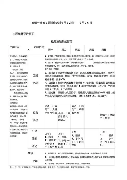 幼儿园中班周计划表格