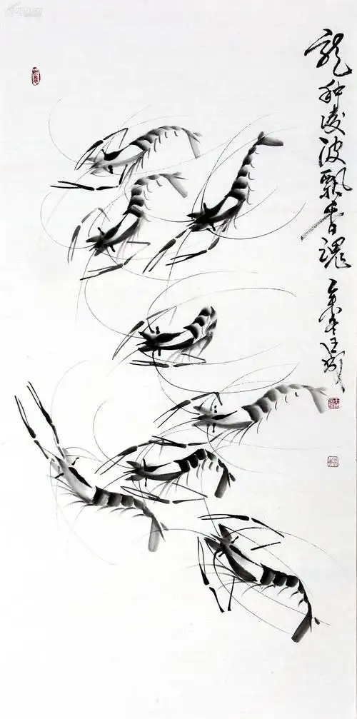 王成国画水墨虾《龙种凌波飘香魂》:神韵高雅,姿态灵动,肢体玉洁透明