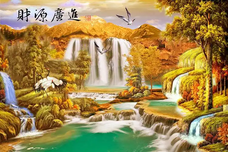 xt10317中式山水瀑布金秋树林金色风景仙鹤财源广进聚财图寓意