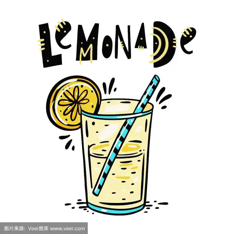 一杯柠檬水手绘矢量插图和字母.卡通风格.