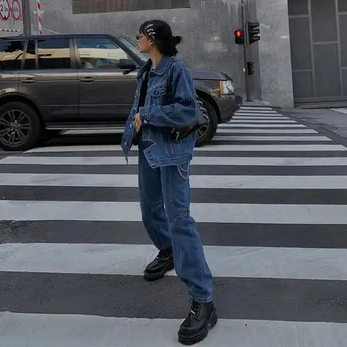 chill77美式复古蓝色牛仔裤2021年新款高腰筒裤小众牛仔裤