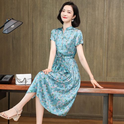 杭州真丝连衣裙妈妈夏装女夏季2021新款大牌高端重磅桑蚕丝绸裙子