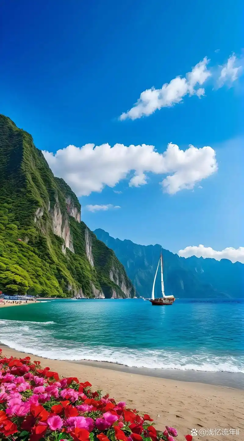 在蔚蓝的大海上,一艘白色的帆船正扬帆起航.