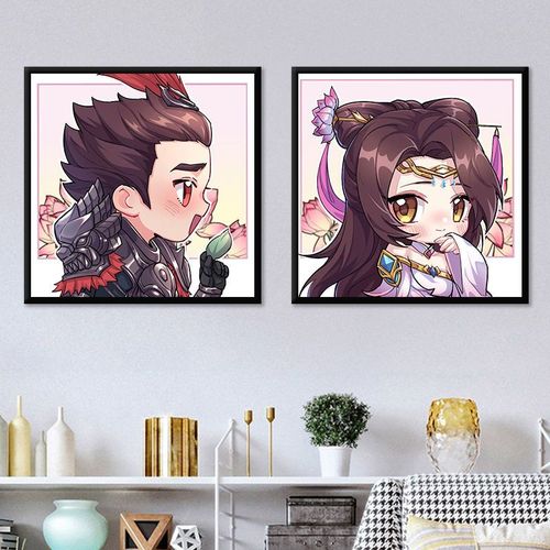 王者荣耀q版情侣cp数字油画diy填色貂蝉吕布生日礼物女装饰画挂画