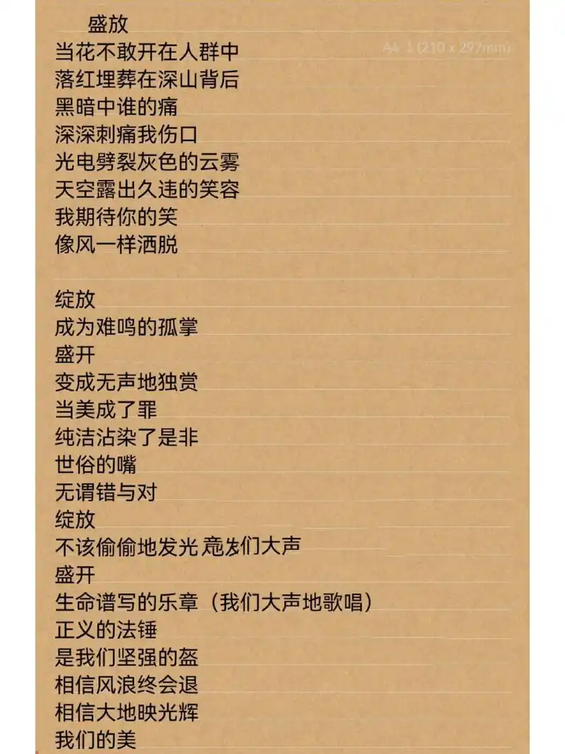 自创歌词 盛放 当花不敢开在人群中 落红埋葬在深山背后 黑暗中谁的痛