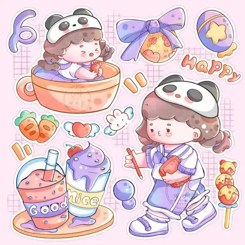 少女系列紫色甜妹贴纸手账素材