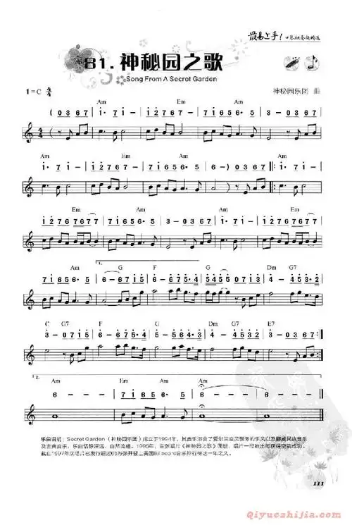 神秘园之歌,电子琴,电子琴入门,电子琴入门教程,电子琴简谱