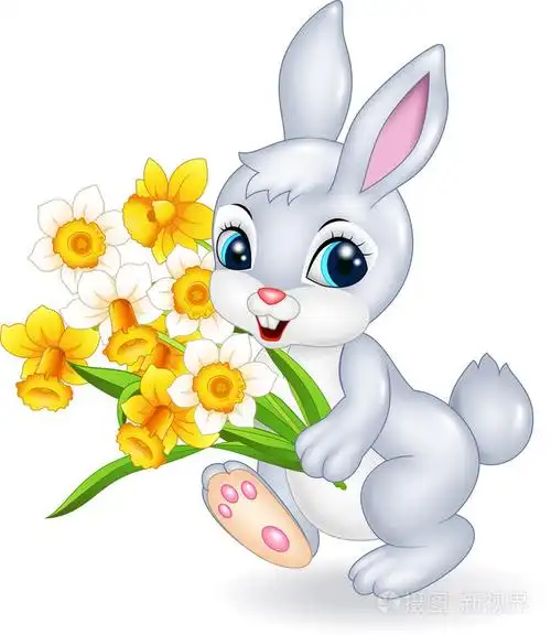可爱的小兔子抱着美丽的花