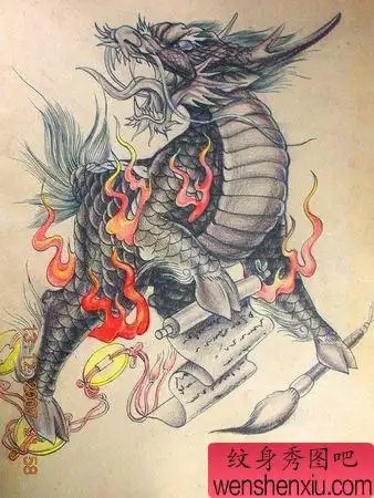 麒麟兽纹身彩色神兽麒麟纹身图案