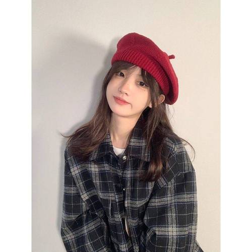 韩版ins酒红色针织贝雷帽女秋冬网红百搭纯色毛线帽蓓蕾帽子潮