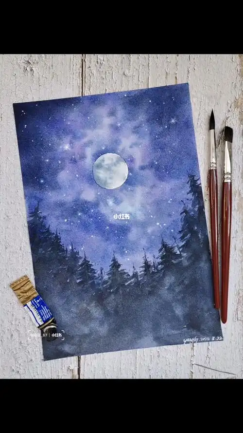 水彩满月星空绘画过程
