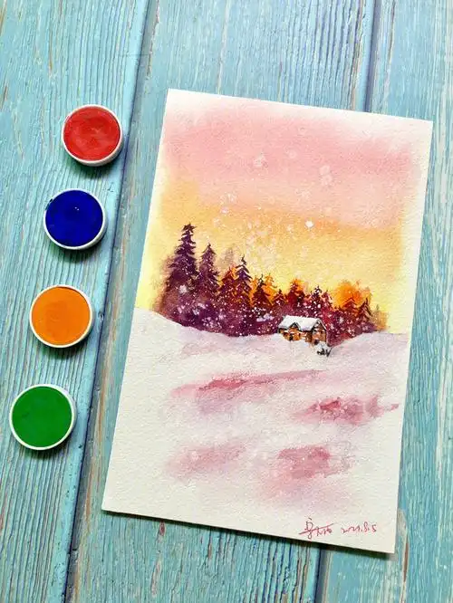 浪漫雪景水彩手绘简单初学