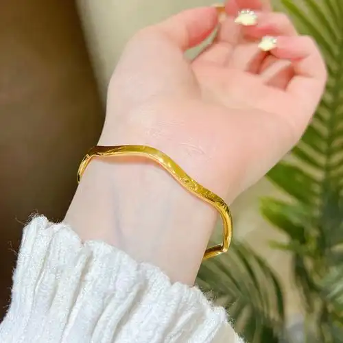 工艺黄金波浪手镯999足金水波纹素圈亮面光圈手环女款简约时尚金镯子