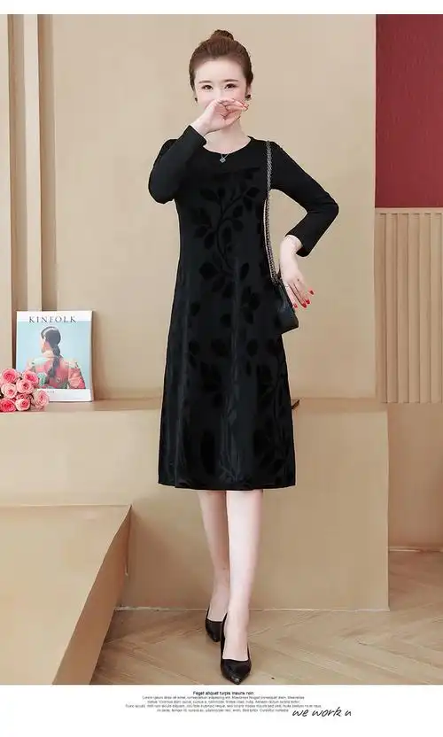 女士冬季打底连衣裙加绒加厚的中年女装大码显瘦连衣裙9冬装新款流行