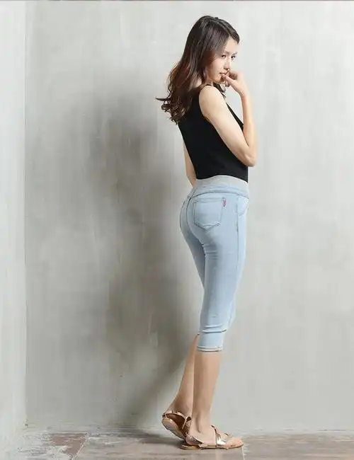 弹力松紧腰牛仔裤女七分裤夏季薄款大码7分显瘦紧身小脚铅笔中裤