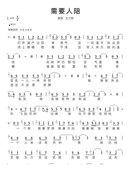 需要人陪智能简谱演唱:王力宏-苍强曲谱