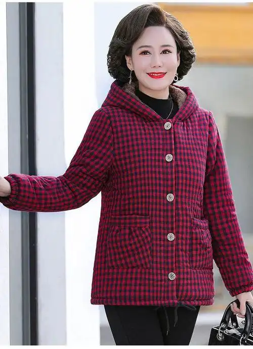 香港潮牌新款 妈咪冬装加绒格子棉衣女装5060中老年人加厚棉袄外套