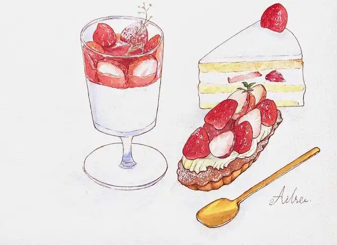 水彩美食 手绘插画草莓限定甜点