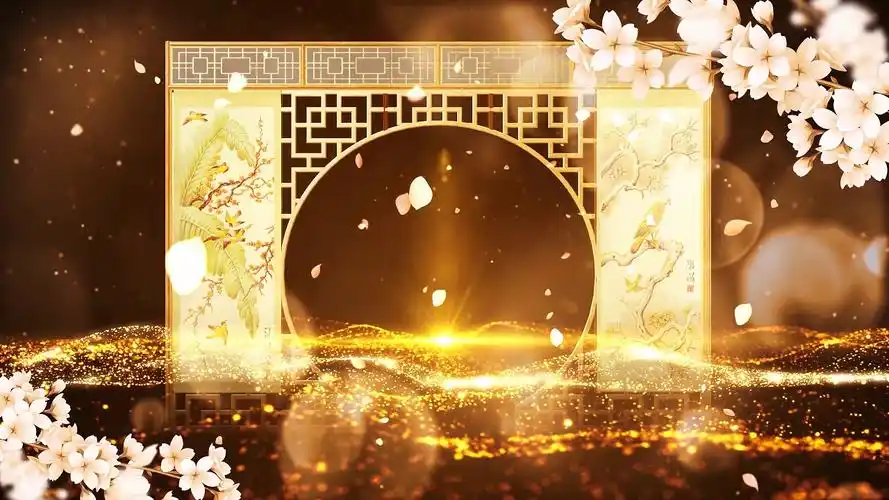 4k大气古风屏风桃花背景视频粒子中国风舞台背景