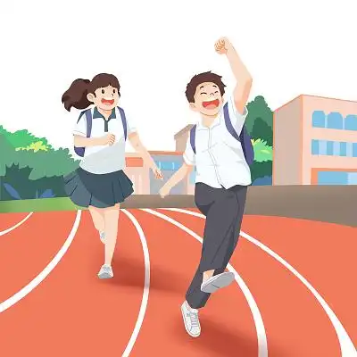卡通风格开学在校园跑道上开心奔跑的学生开学季去上学元素