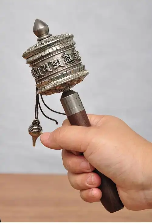 全铜泰银浮雕手摇转经轮转经筒摆件藏传佛教密宗法器寺庙佛堂佛具