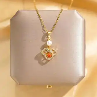 igiftfire18k金电镀彩色祥云珍珠平安扣吊坠钛钢项链女满钻轻奢锁骨链