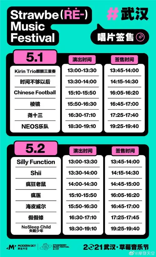 2021#武汉草莓音乐节#全阵容,演出时间表及签售时间表公布#武汉草莓